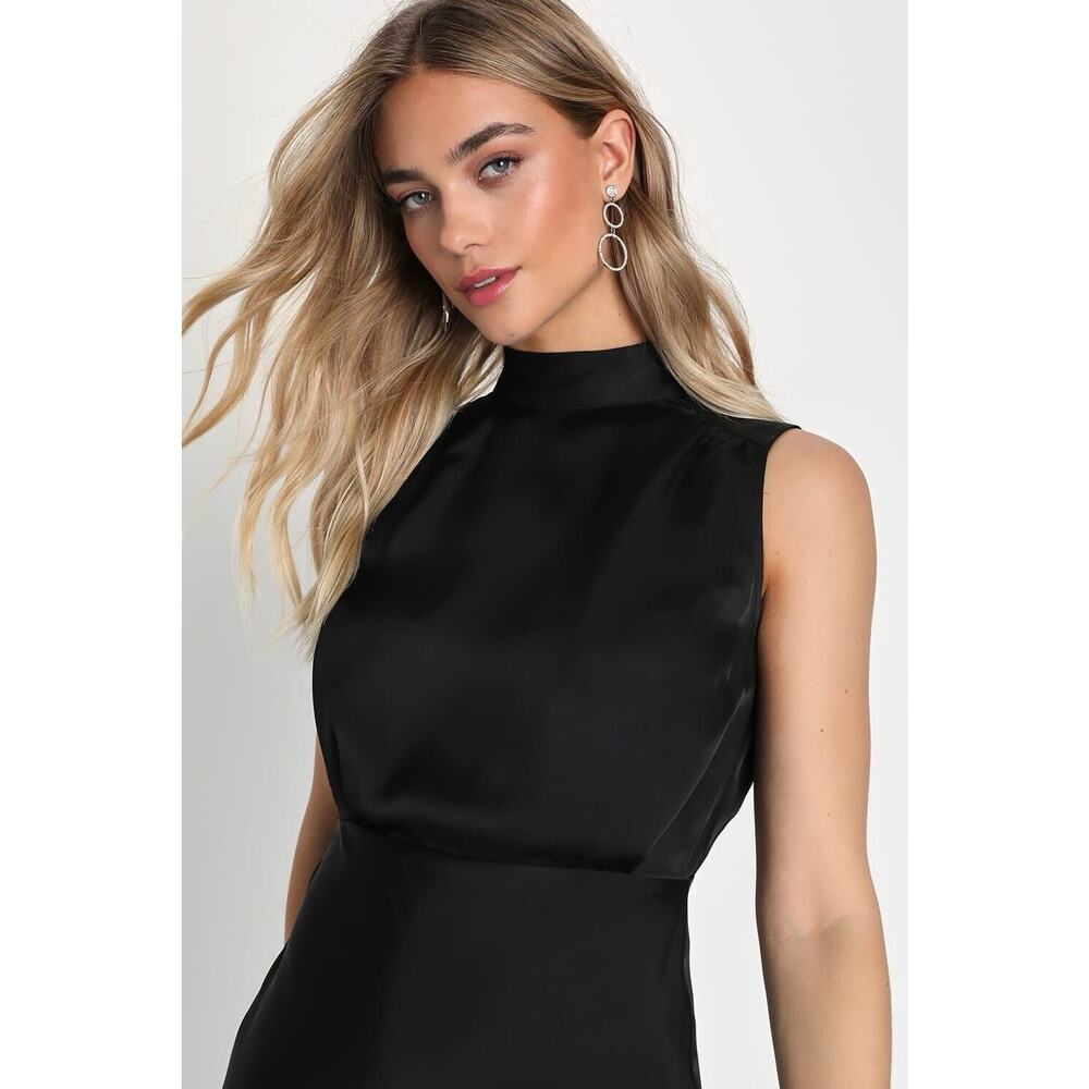 Lulus Classic Elegance Black Satin Sleeveless Mock Neck Maxi Dress Size Medium - Picture 2 of 13